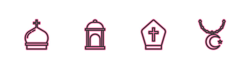 Set line Church tower, Pope hat, Muslim Mosque and Star and crescent on chain icon. Vector.