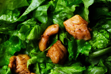 Salad with lettuce and chicken. Fresh vegetables and chicken. ingredients for caesar salad. Tasty food. Close up