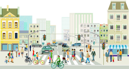 Obraz na płótnie Canvas Straßen mit Menschen und Verkehr vor einer Großstadt illustration