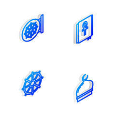 Set Isometric line Cross ankh book, Dharma wheel, and Muslim Mosque icon. Vector.