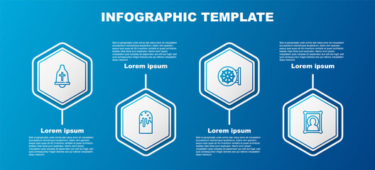 Set line Church bell, Easter cake, Dharma wheel and Christian icon. Business infographic template. Vector.