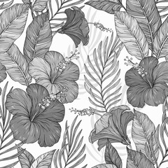 Seamless monochrome exotic pattern with tropical leaves. Tropical flowers and plants