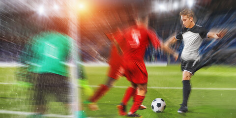 Obraz na płótnie Canvas Ball on the green field in soccer stadium. Forward in front of the opponent's goal with the ball.