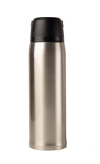 Silver empty glossy metal vacuum thermo tumbler flask isolated on a white background, Hot water bottle, Portable device.