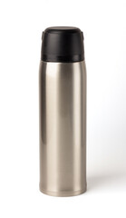 Silver empty glossy metal vacuum thermo tumbler flask isolated on a white background, Hot water bottle, Portable device.