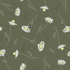 Obraz premium Vector Cute Chamomile Flowers on Olive Green seamless pattern background. Perfect for fabric, wallpaper and scrapbooking projects.