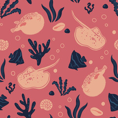 Vector seamless marine pattern with fish, coral, shell, starfish. Ocean life and sea creatures or animals. Nautical background