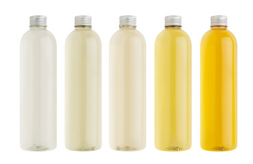 Assortment of plastic tall thin bottles with cosmetic produce, oil, drink or perfume of different pastel pale colors, silver cap mockup, isolated,  template.