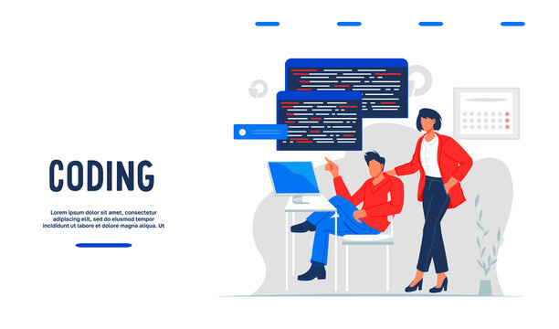 Software engineering, coding and test concept of web banner with cartoon people, flat vector illustration. Website interface for coding courses or services.  Application or website code development.