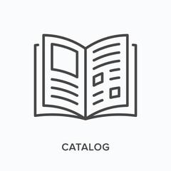 Catalog flat line icon. Vector outline illustration of open book. Black thin linear pictogram for paper magazine