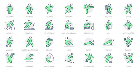 Sport people simple line icons. Vector illustration with minimal icon - exercise, yoga, active man, running, treadmill, fitness, aerobic, snowboard pictogram. Green Color. Editable Stroke