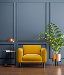 Cozy modern classic interior with gray wall, wood floor, yellow armchair, coffee table and plant.