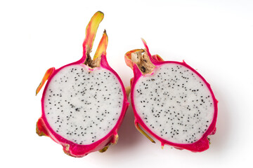 close up of half Dragon fruit isolated on a white background.