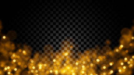 Sparkling golden particles. Glowing bokeh, glitter lights  texture isolated on dark transparent background	