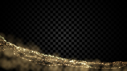 Gold particle dust isolated on dark transparent background. Defocused glitter light texture.