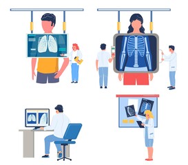 Fluorography lungs checkup procedure set, flat vector illustration. Doctor radiologist doing fluorography or chest xray screening, analysing fluoroscopy images. Roentgen photography, chest radiography