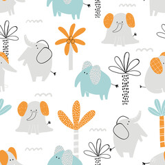 Vector hand-drawn colored childish seamless repeating simple flat pattern with elephants, plants and doodles in Scandinavian style on a white background. Cute baby animals. Pattern for kids.