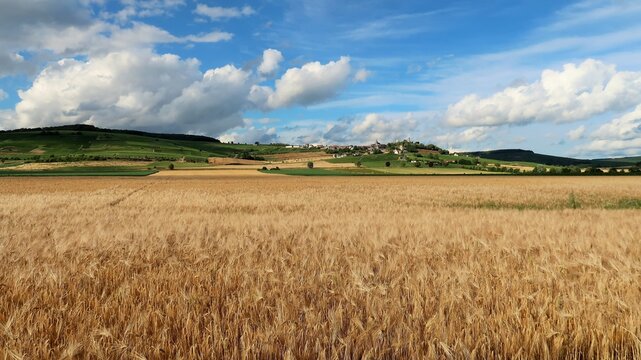Agriculture c&eacute;r&eacute;ali&egrave;re en Champagne Ardenne, paysage de campagne en &eacute;t&eacute;, avec un champ de c&eacute;r&eacute;ales (orge) et le village de Ch&acirc;tillon sur Marne en arri&egrave;re-plan (France)
