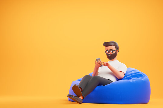 Handsome cartoon beard character man in white t-shirt relax at blue bean bag armchair  and use smartphone over yellow background.