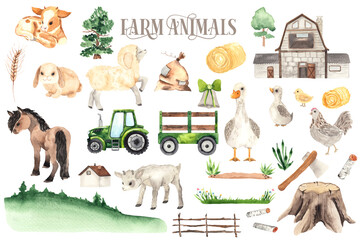 Watercolor Farm Animals elements with cute little sheep, cow, horse, goose, chicken, rabbit, house, tractor - 414375589
