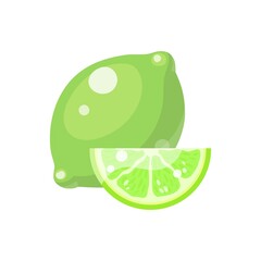 Lime fruit in cartoon style depicting whole and half of fresh juicy citruses isolated on white background. Vector illustration.