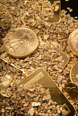gold in coins, nuggets and ingots