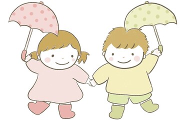 長靴を履いて傘を持つかわいい笑顔の子供