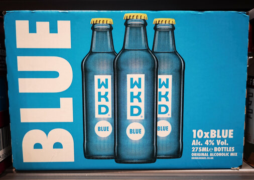 London, UK - February 15, 2021: WKD blue original alcoholic mix drink packaging on a supermarket shelf. WKD is a brand of alcopop produced by Beverage Brands.