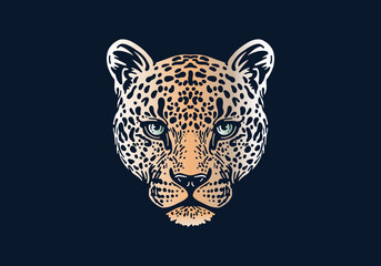 Leopard head illustration, vector, hand drawn, isolated on black background, african animal