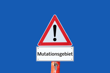 Warnschild Mutationsgebiet auf blauen Hintergrund