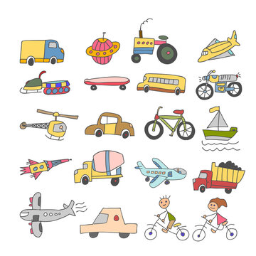 set of element doodle transport colorful kid. Hand drawn Sketch doodle vector line color icons collection of Transport element icon set on white background