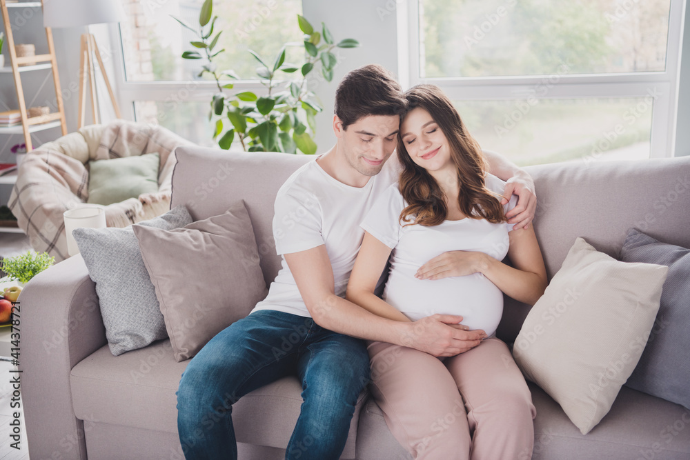 Sticker Portrait of dreamy affectionate couple waiting newborn child sitting on divan touching tummy in light house flat indoor