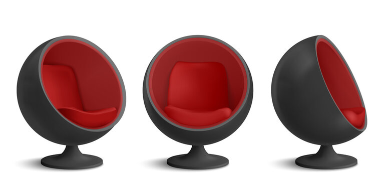Black and red ball chair, designers furniture for modern stylish house or office interior in front and angle views. Vector realistic mockup of empty egg armchair isolated on white background