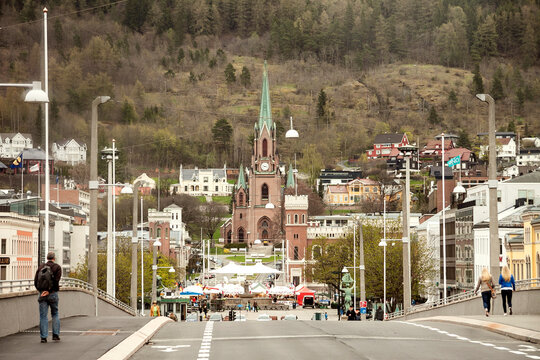 Norway - Buskerud - Drammen - The panoramic view of the city downtown along Kirkegata street towards Bragernes church taken from Bybrua bridge across Drammenselva river
