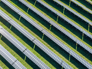Solar Photovoltaic of aerial view, solar plant rows array of on the grass on the farm. Top view