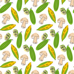 Seamless pattern vegetables with elements of mushrooms, cucumber, corn. Vector illustration