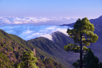 cloud inversion at sundown over the mountain ridge of La Palma, Canary Islands