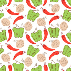 vegetable pattern with composition paprika, chilies, garlic element. Perfect for food background, wallpaper, textile. Vector illustration
