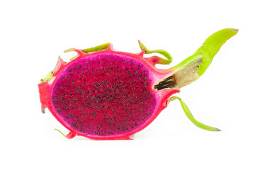 Half sliced dragon fruit on white background, red pitaya isolated