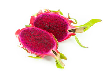 Two half sliced dragon fruit on white background, red pitaya isolated