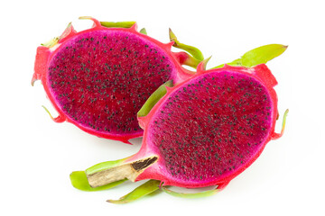 Two half sliced dragon fruit on white background, red pitaya isolated