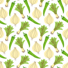 vegetable pattern with composition onions, garlic, chili peppers element. Perfect for food background, wallpaper, textile. Vector illustration