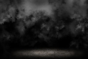 Dark room cement, concrete floor with smoke. black wall cement for product show with Elegant light background and texture. Abstract studio black room gradient background.