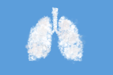 Human lungs shaped as a cloud on blue sky background. Cloudy in the shape of lungs. The bright sky...
