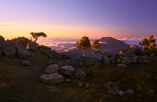 The Warm Sun Rising To End A Cool Night On The Mountain Ridge Of Isla De La Palma, Canary Islands