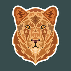 Hand drawn abstract portrait of a lioness. Sticker. Vector stylized colorful illustration isolated on dark background.