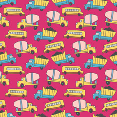 drawing of kids with transport element. vector transport seamless pattern