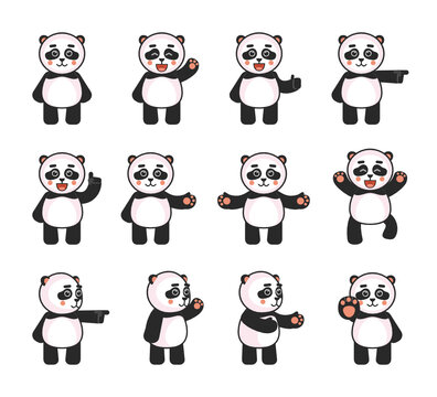 Set of cute panda characters showing various hand gestures. Kawaii panda pointing, greeting, showing thumb up, stop and other gestures. Vector illustration