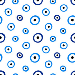 Blue evil eyes signs, symbols, icons. Nazar amulets vector seamless pattern background.