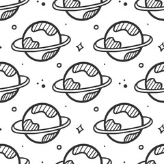 Doodle cosmos and planets vector seamless pattern background.
